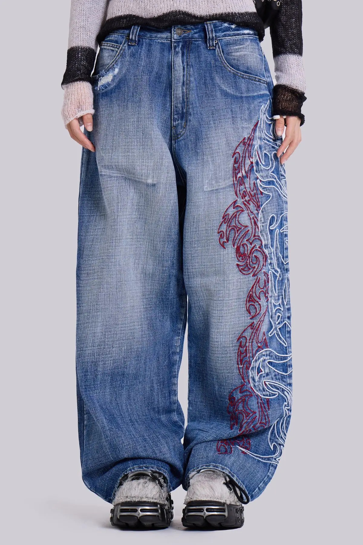 Y2K Women Jeans Harajuku Fashion Asymmetric Embroidery Pattern Baggy Vintage Black Wide Leg Jeans Gothic Jeans Streetwear Unisex 251029