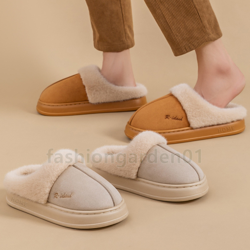 winter designer slides warm plush cotton slippers soft comfortable flats non-slip couples slide chic casual brown gray pink indoor house shoes size 36