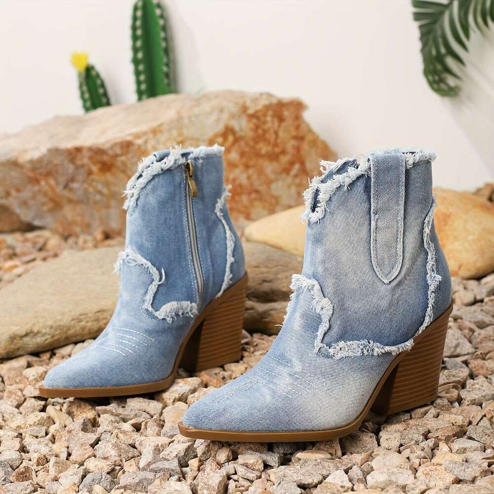 2025 New Fashion Block Heel Pointed Toe Ankle Boots, Vintage Western, Ultrahigh Heel, Solid Color, Fabric Upper, Synthetic Insole, Rubber Sole, Zipper