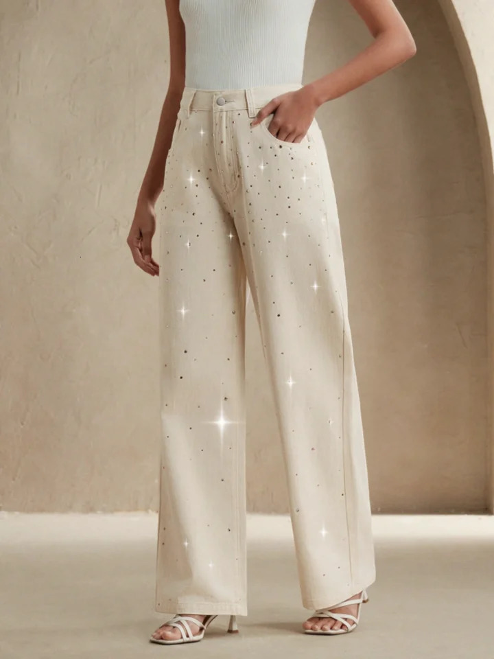 2025 autumn style white womens wideleg jeans with colorful diamond n loose fit slimming effect and good draping qua 251029