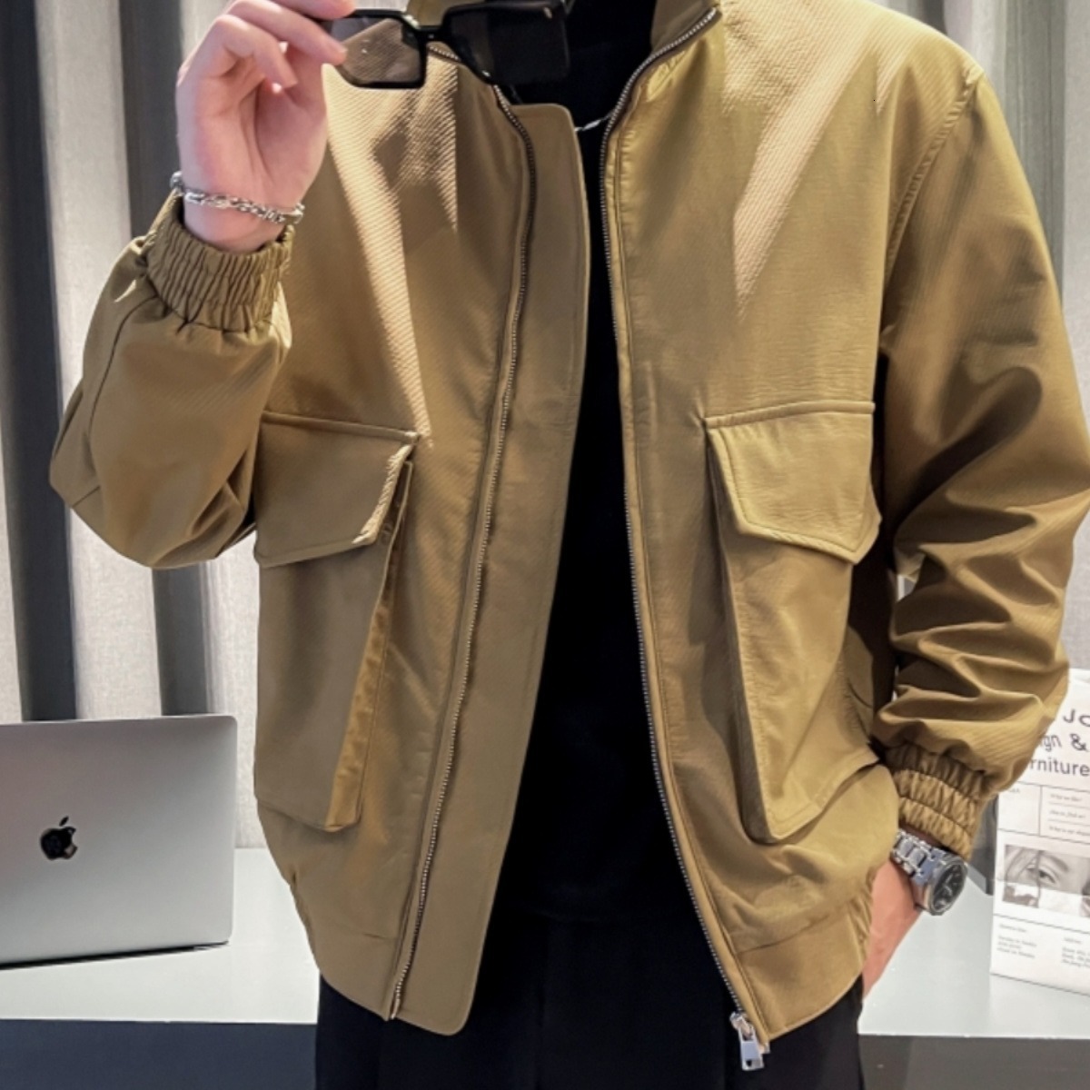 Khaki Jacket Men Spring Autumn Korean Style Trendy Designer Jacket Brand Short Workwear Flight Jacket Spring New Stand Collar Baseball Jacket