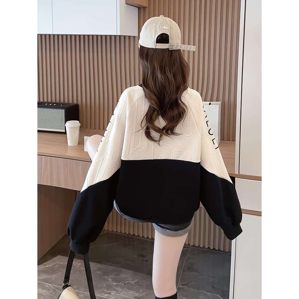 Embroidered Sweatshirt Embroidered Lettering Women S Casual Crew Neck Sweatshirt Beige Green Contrast Color Textured Fabric Long Sleeves Fall Winter