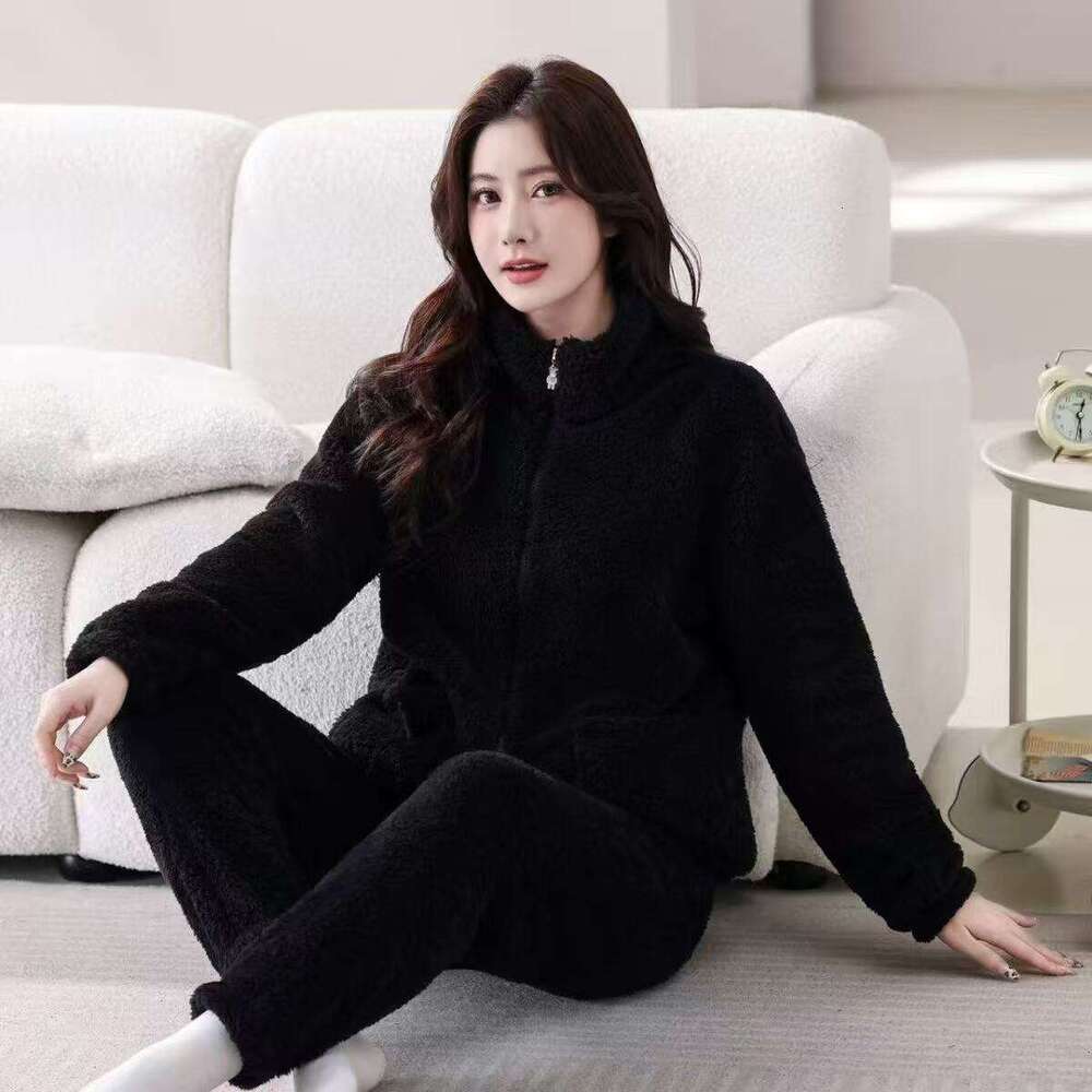 2025 Autumn Winter Solid Color Coral Fleece Nightgown for Women, Thickened and Fleece-Lined, Cute Cartoon Flannel Set