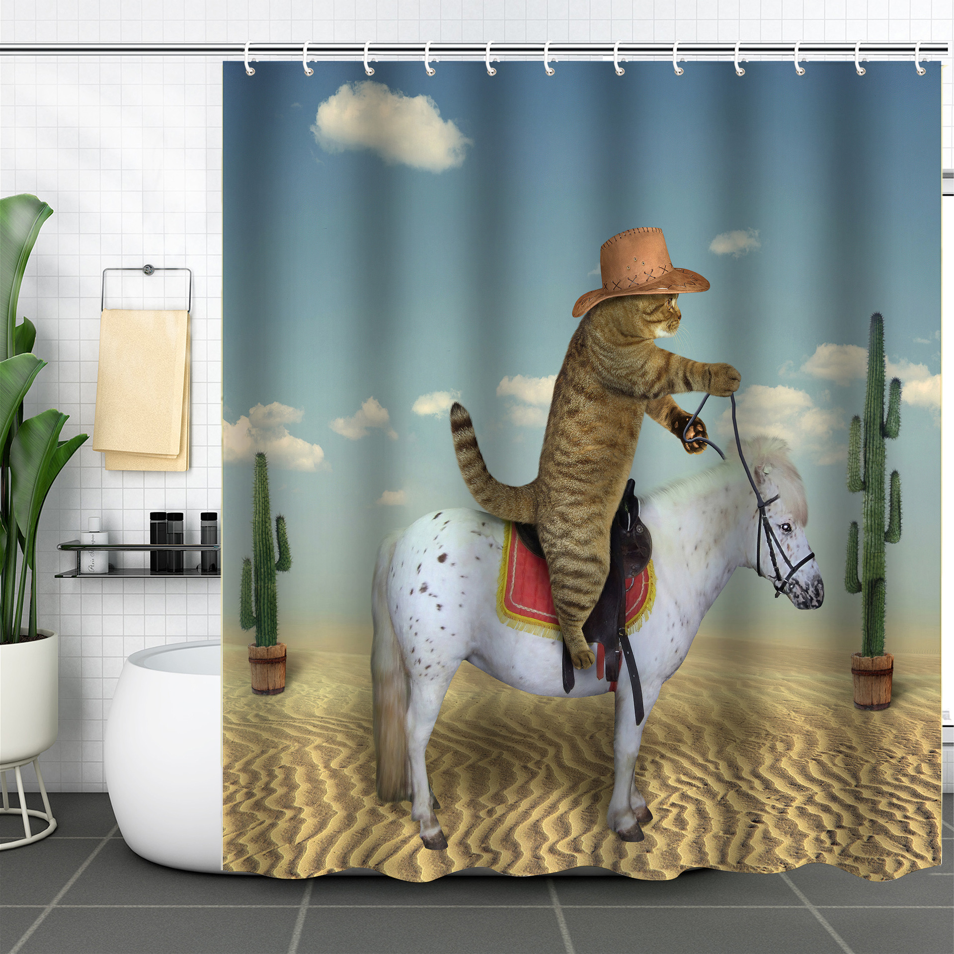 YL-37628 Popular 3D Digital Shower Curtain with Kitty Shower Design, Bathroom Dry and Wet Separation, Polyester with Hooks