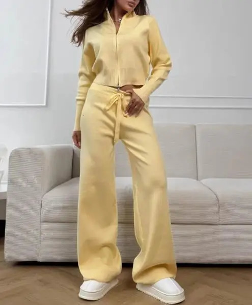 Two Piece Set Women Outfit Autumn Winter Double Zipper Long Sleeve Knitted Top High Waist Casual Pants Set 251029