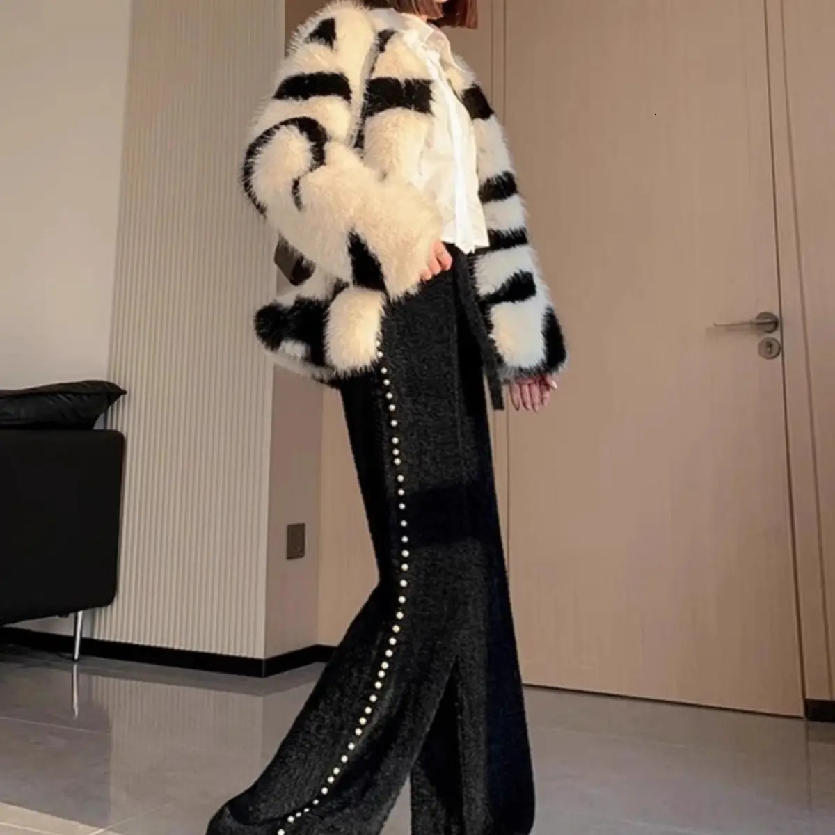Pink Mink Fur Nail Bead Knitted Wide Leg Pants for Women in Autumn and Winter Lazy Relaxed Casual Straight Long 251027