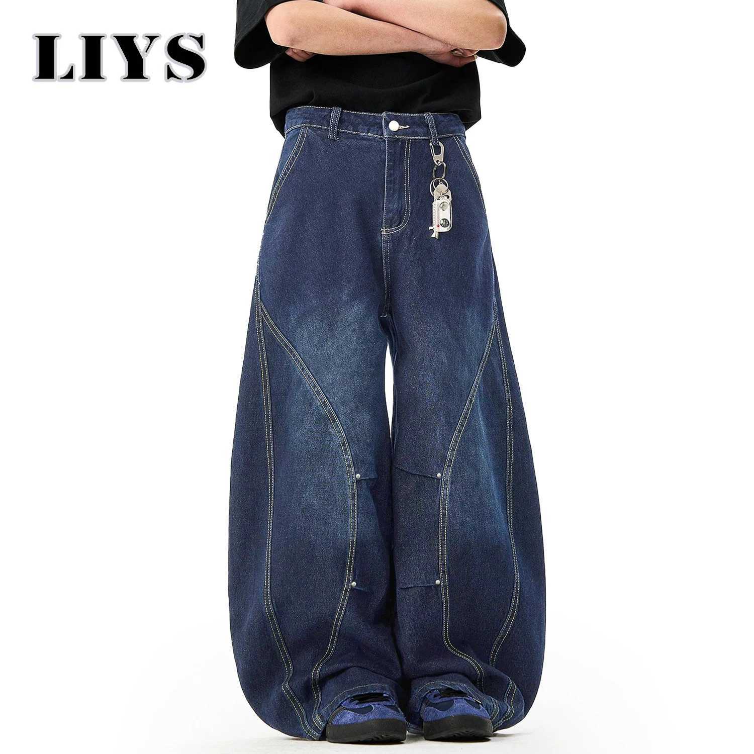Mens American Retro Blue Loose Machete Wide Leg Jeans Unisex Baggy Straight Leg Sickle Denim Pants Deconstructed Balloon Pants J2510301