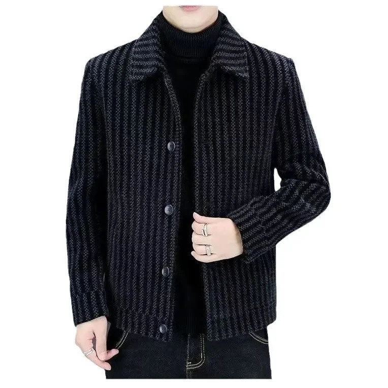 HighEnd Versatile Mens Warm Coat Thick Autumn Winter Turndown Collar Stripe Woolen Outerwear Jacket 251029