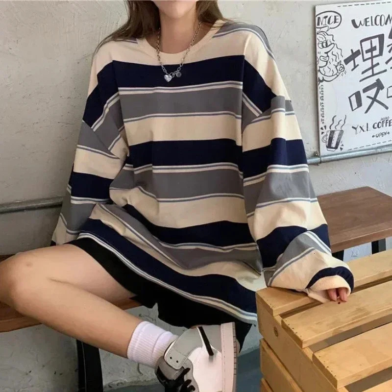 Womens Autumn Tshirt Striped Top Sweatshirt Korean Fashion Longsleeved Tshirt Spliced Loose Couple Oversized Hoodie 251030