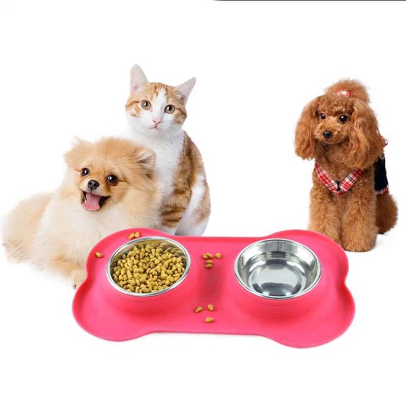 Pet supplies food utensils stainless steel folding dog bowl cat bowl placemat silicone double bowl leakproof easy to clean J251113