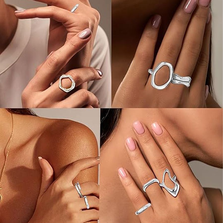 12Pcs Silver Stackable Rings Silver Plated Chunky Knuckle Finger Ring Geometric Bead Cloud Wave Flower Hollow Statement Bands Signet Open Rings Adjust