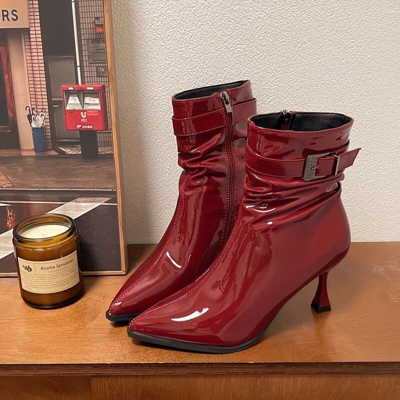 1Pr Elegant Solid Color Ankle Boots For Women Pointed Toe Stiletto High Heels With Side Zipper, Man-Made Upper, Fabric Lining, Rubber Sole - Fashionab