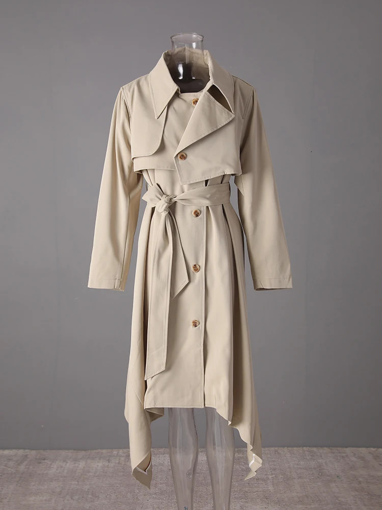 DEAT Fashion Khaki Deconstruction Trench Coat Womens Lapel Loose Single Breasted Sashes Irregular Windbreaker Autumn 251029