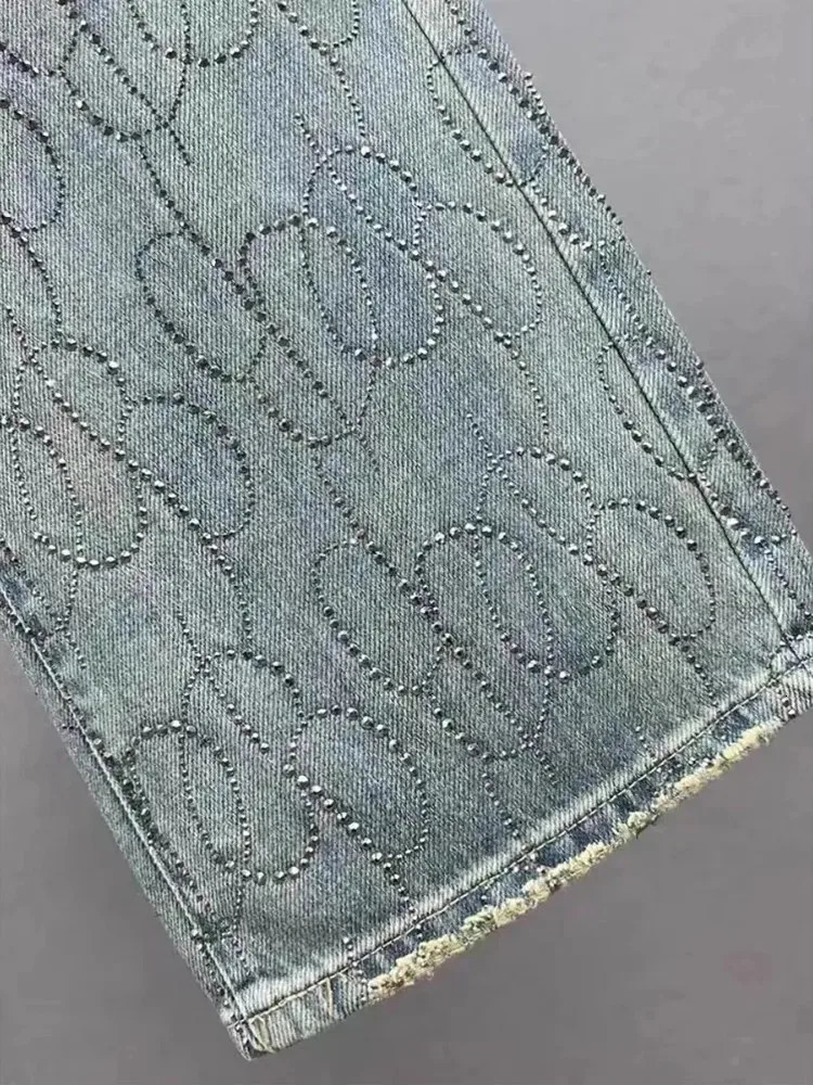 Women Diamond Jeans Shiny High Waist Loose Wide Leg Denim Pants Blue Rhinestone Mopping Pant Streetwear Fashion Trousers Outwear 251029