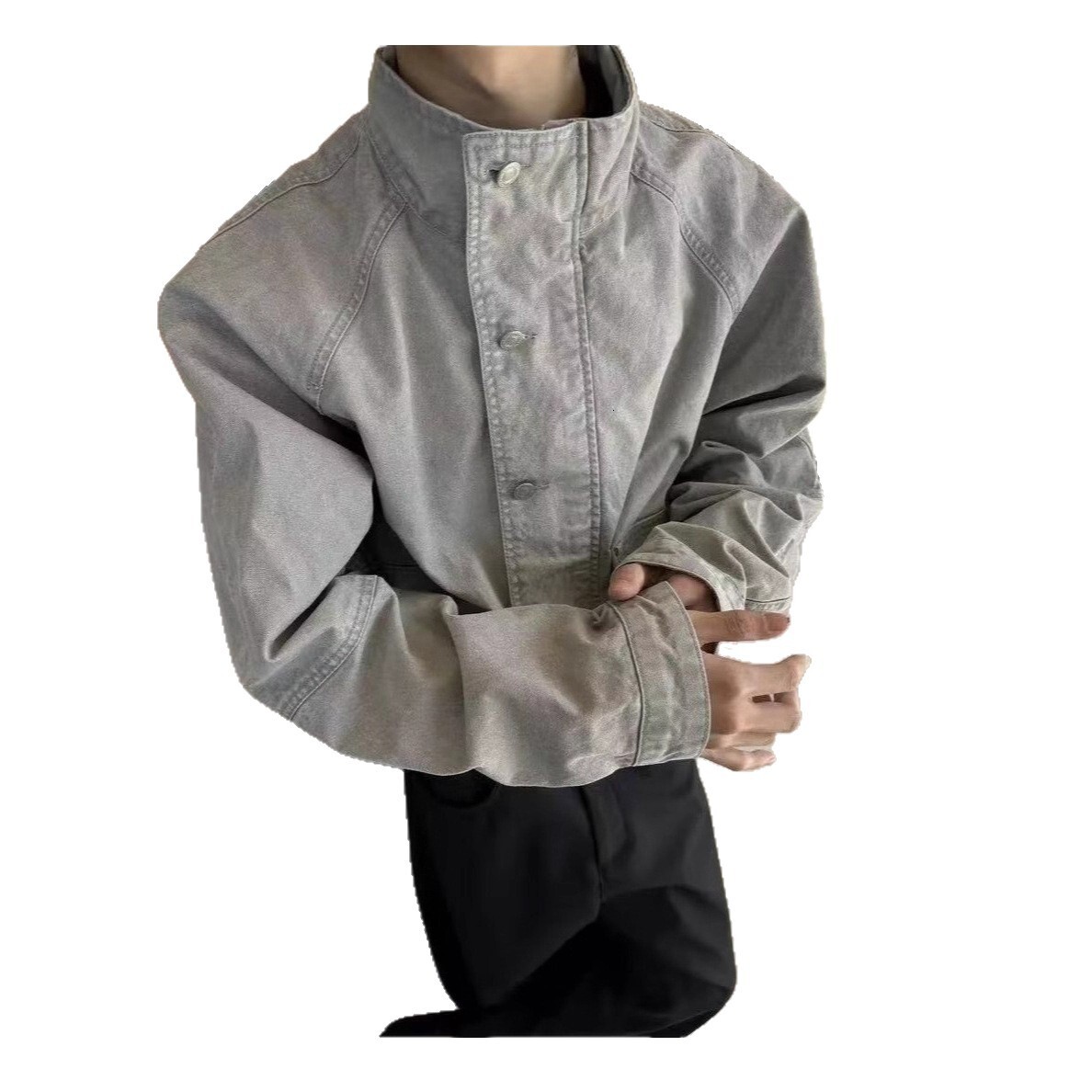 Vintage Distressed Denim Short Jacket For Men Autumn New Movie Style Loose Designer Coat Casual Stand Collar Jacket