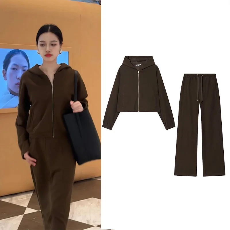 HipSeam Women High Waist Pants Set Hooded Zipper Pocket Bomber Jacket Wide Leg Trousers with Drawstring Women Outfits 251029