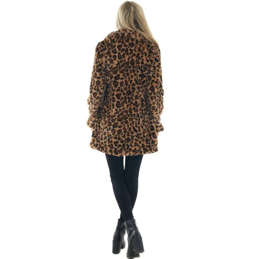 Women Autumn Winter Leopard Print Faux Fur Coat Long Sleeve Turndown Collar Fashion Outerwear Pocket Loose Thicken Overcoat 251028