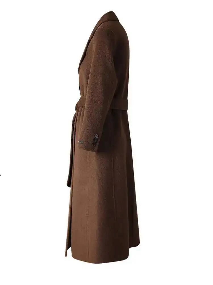 EAM Brown Belted Big Size Long Elegant Woolen Coat Lapel Sleeve Women Jacket Fashion Autumn Winter 2025 CPG4131 251010