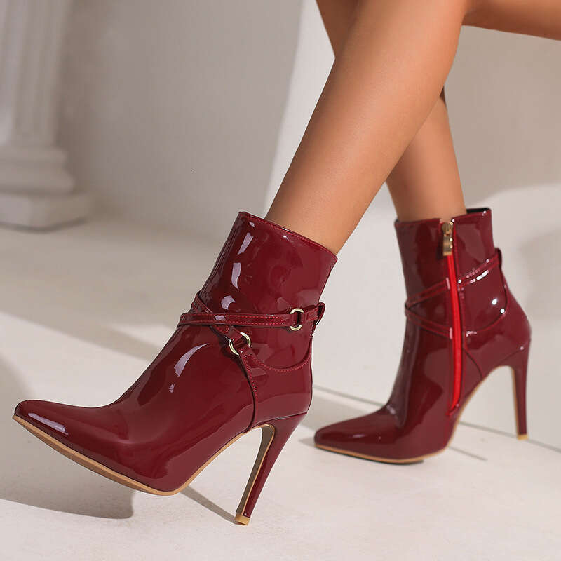 Women's Bury Red Pointed Toe Stiletto Ankle With Belt Buckle & Side Zipper Thick Platform-Like Heel Hidden Lift, PU Glossy Winter Boots For Parti