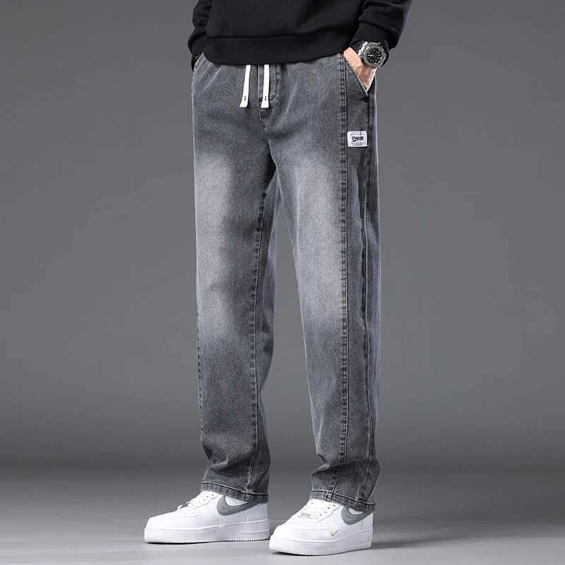 Autumn Winter Blue Jeans Men Drawstring Elastic Waist Cotton Cargo Denim Pants Work Fashion Thick Trousers Male Plus Size M4XL J251030