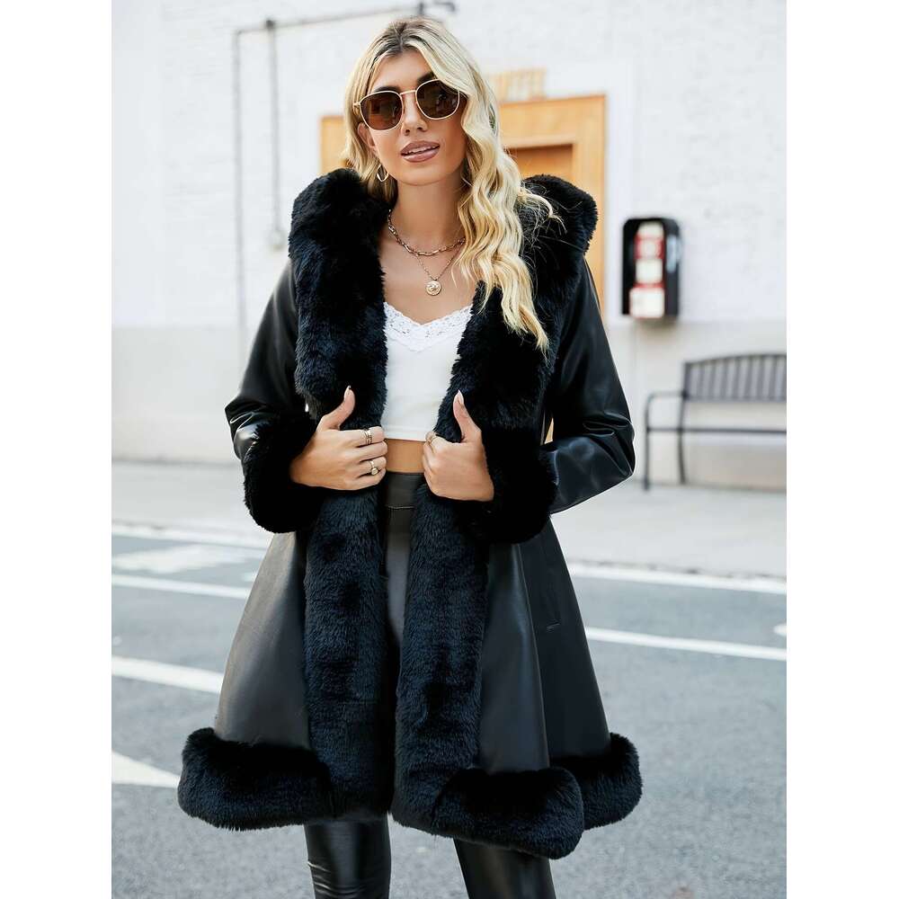 Women S Elegant Long PU Leather Hooded With Faux Fur Trim A Line Silhouette Brown Perfect For Fall Winter Stylish And Versatile Belt Detail Non Stretc