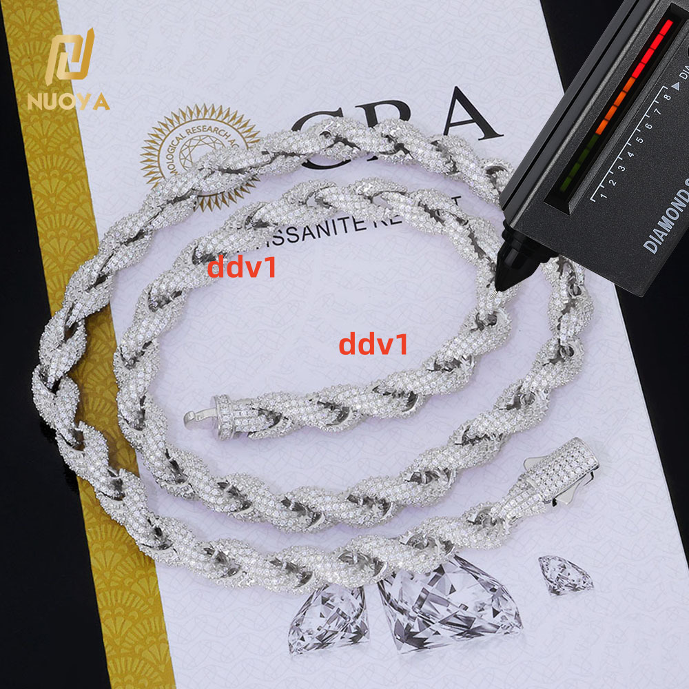 NUOYA Hip Hop Jewelry Full Iced Out Moissanite Rope Chain Necklace 8-10mm 925 Sterling Silver Diamond Twisted Rope Chain for Men Designer's style