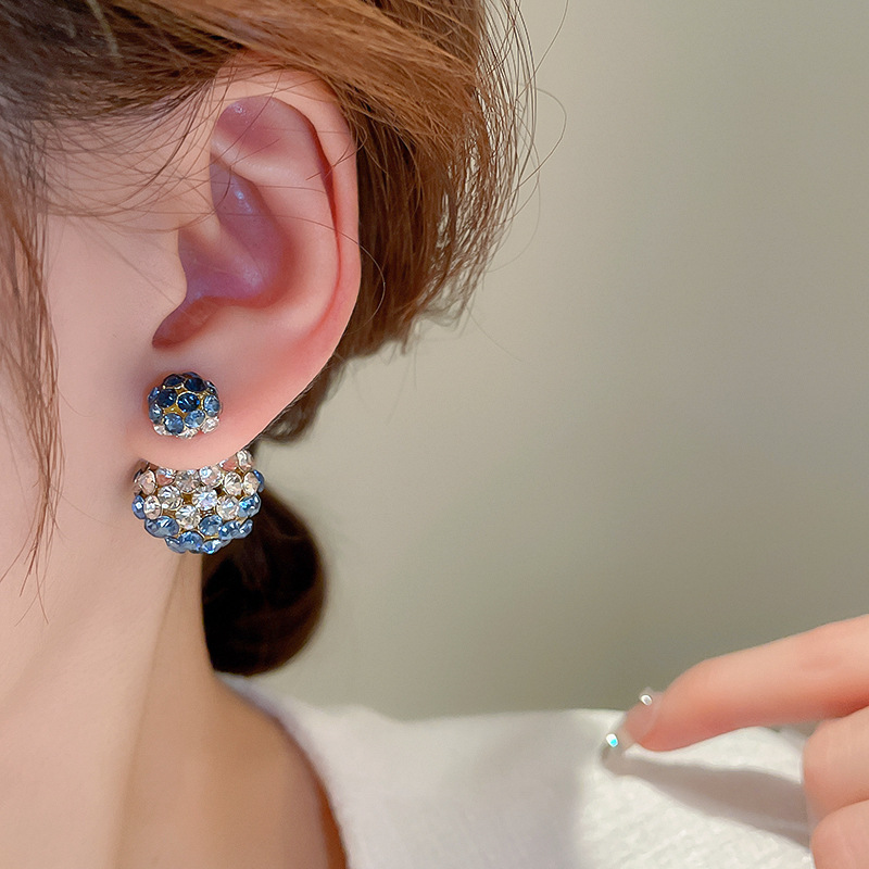 Sier Needle Inlaid Dia Large Small Round Front and Back Wear Korean Light High-end Sense Niche Fashion Earrings for Women