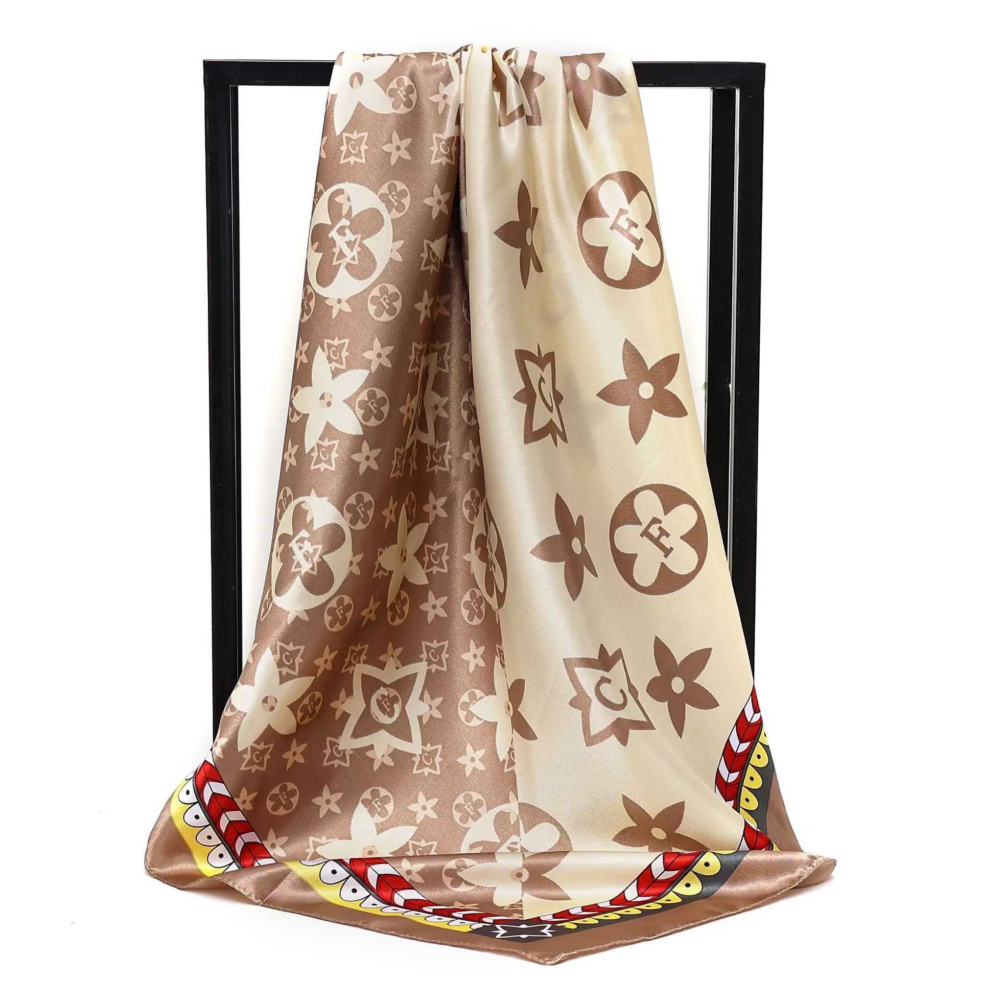 90X90cm 2025 New Women Luxury Print Satin Silk Scarves Square Scarf Hijab Neckerchief Female Hair Ribbon Headband Wrap BandanaW251029