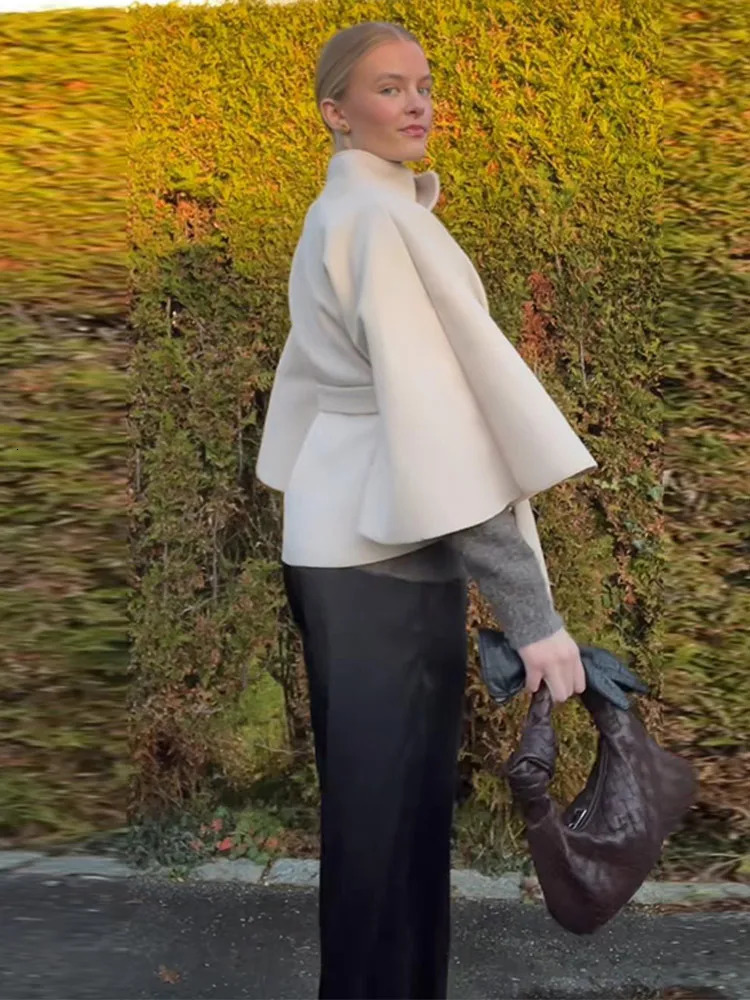 Elegant Stand Womens Coat Solid Long Sleeve Button Belted LaceUp Cardigan Jacket Autumn Winter Outerwear Female Tops 251028