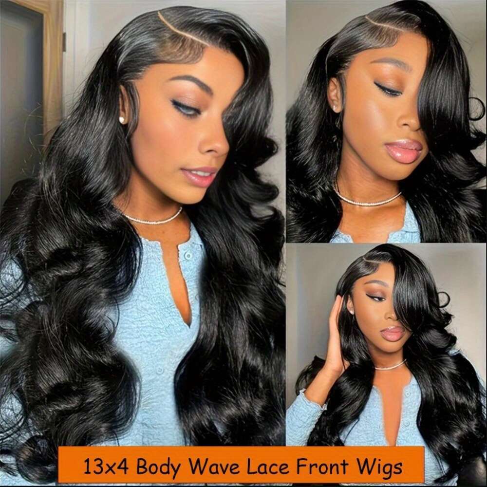 Women's 13X4 Transparent Pure Human Female Remy Brazilian Hair Pre-Drawn Body Wave Gel Free Wear And Go Lace Front Wig 200% Density Natural Black