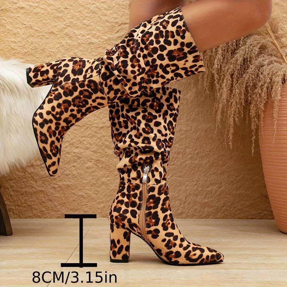 Women's Heel Boots With Leopard Print, Pointed Toe, Block Zipper Closure, Winter All-Season, Flannel Upper, Mesh Inner, Rubber Sole, High Heel, H