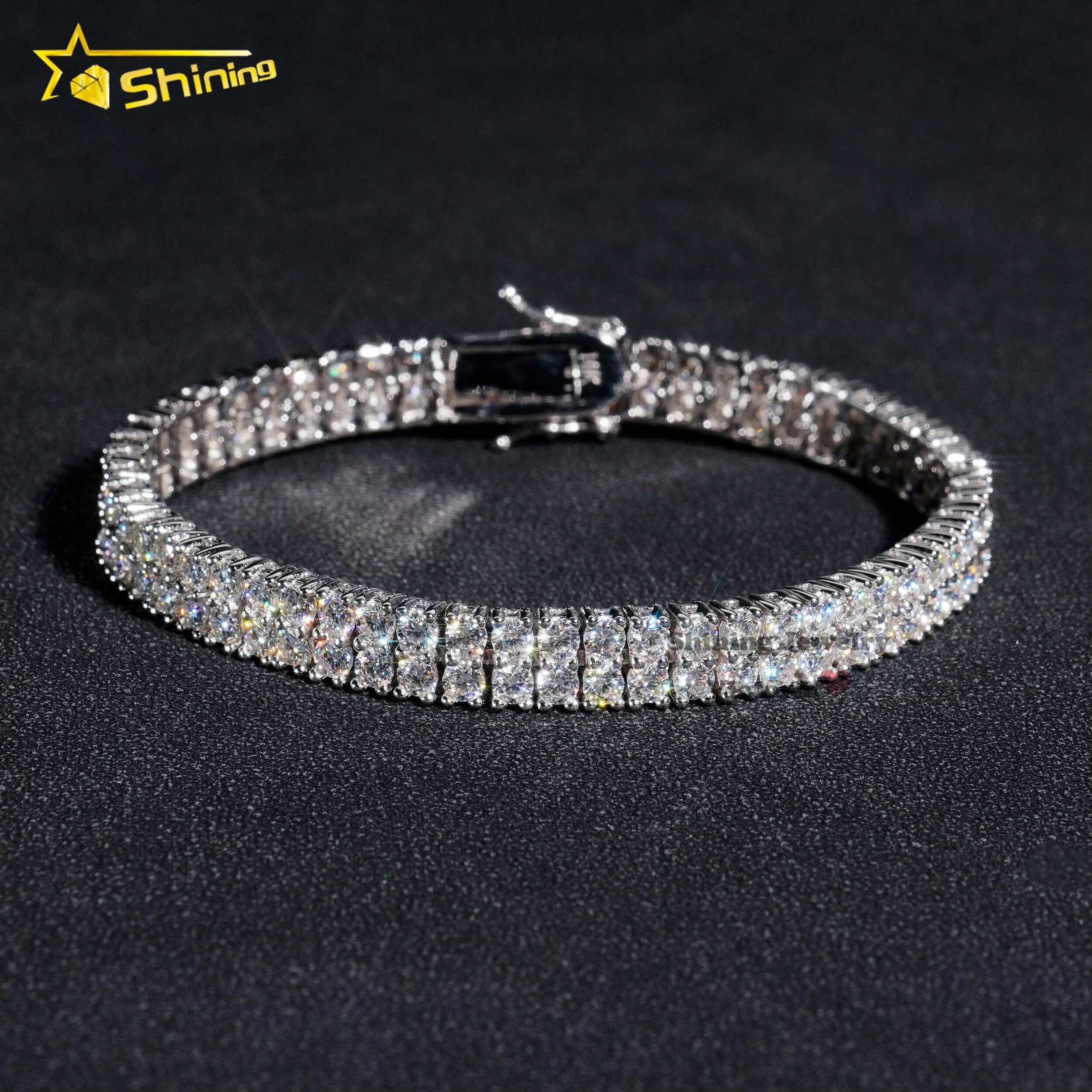 New Design Two Rows Diamond 14k Gold Plated Bracelet Sterling Silver 925 Vvs Moissanite Hip Hop Jewelry Lab Diamond Tennis Chain