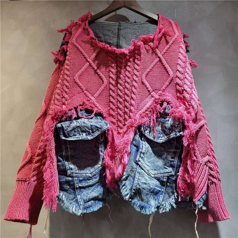 Women Pullover Long Sleeve Irregular Do Old Patchwork Pockets Vintage Washed Denim Sweater 2025 Summer New Fashion