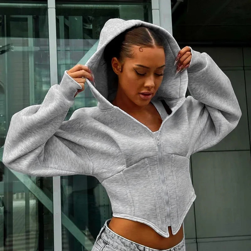 Streetwear LongSleeved Fleece Zipper Hooded Sweatshirt Womens Solid Color Chic Casual Slim Cardigan Jacket Ladies Hoodies 251030