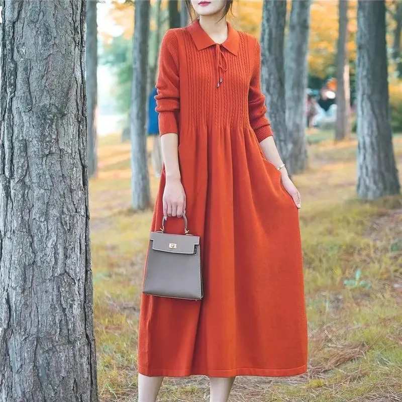 Fashion Versatile Sweater Dress For Women Long Style Over The Knee Knitted Sweater Top Autumn Winter Thick Bottom Dresses 251029
