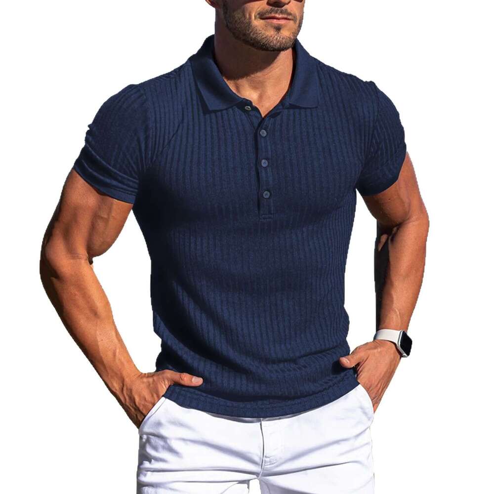 Men's Summer Sports Fitness Casual Stretch Vertical Stripe Short Sleeve Polo Shirt