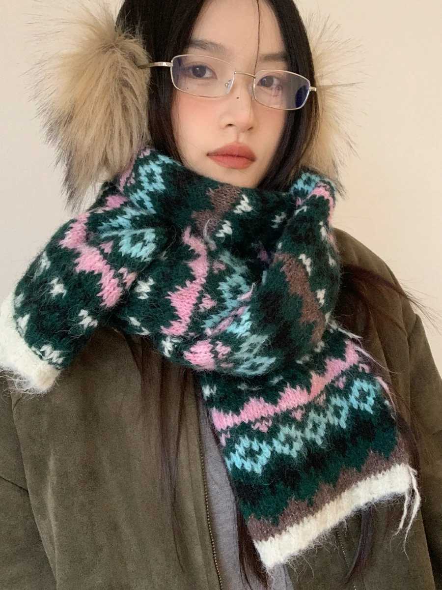 Retro Fair Lsle Knit Wool Scarf For Women 2025 New Warm Neck Warmer Autumn Winter Striped Colorblocked NeckW251030