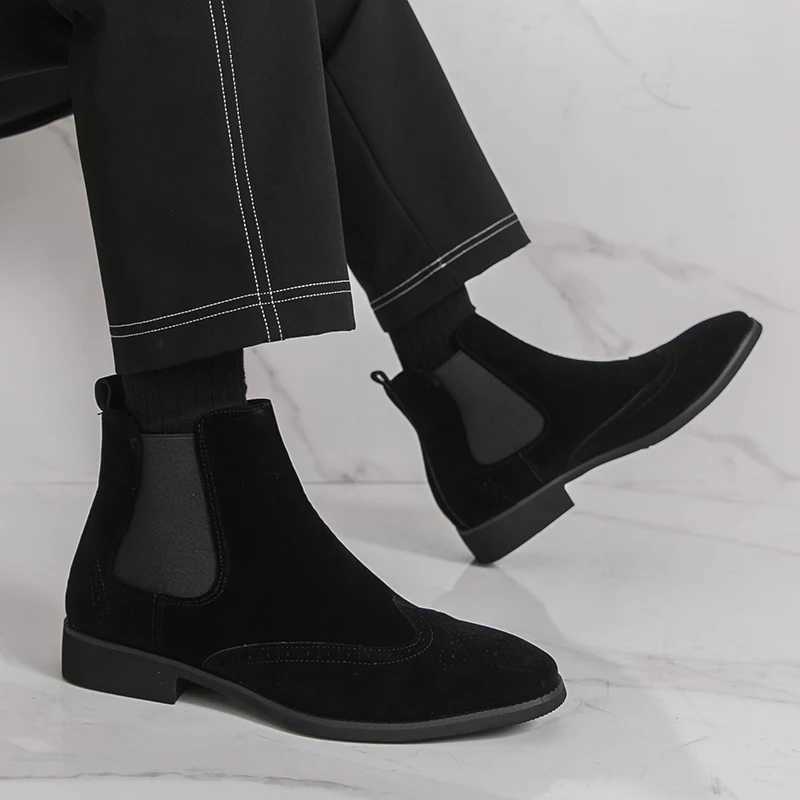 Hot Yellow HighTop Leather Shoes Men Comfort Suede Chelsea Boots Man PointedToe Mens Ankle Boots Big Size 3946 botas hombre Z251029