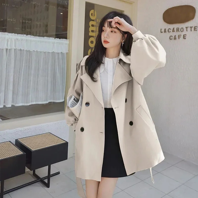 Vintage Brown Short Trench Jacket Women Korean Fashion High Street DoubleBreasted Windbreaker Autumn Winter Waistband Outwear 251030