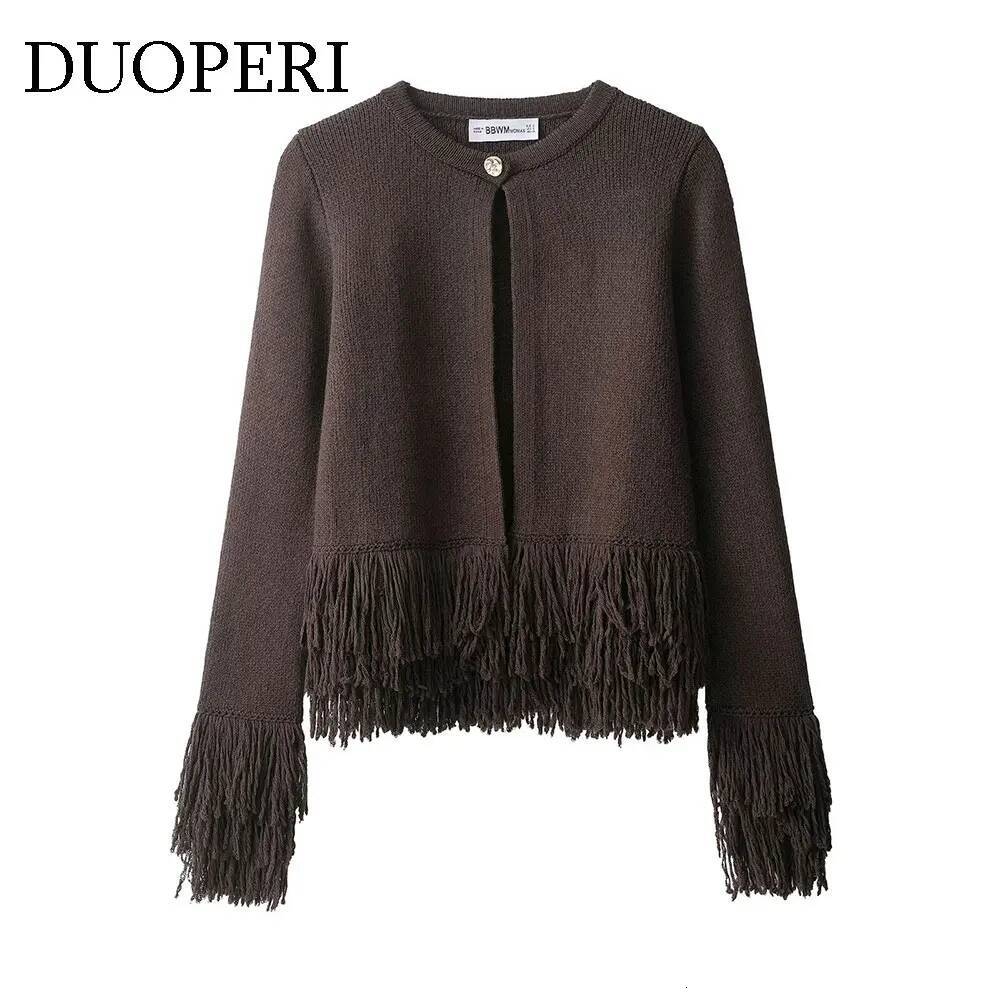 winter jacket women DUOPERI Women's Cardigans Fashion Knitted Sweater With Tassel Vintage O-Neck Long Sleeves Female Elegance Chic Lady Tops Outf