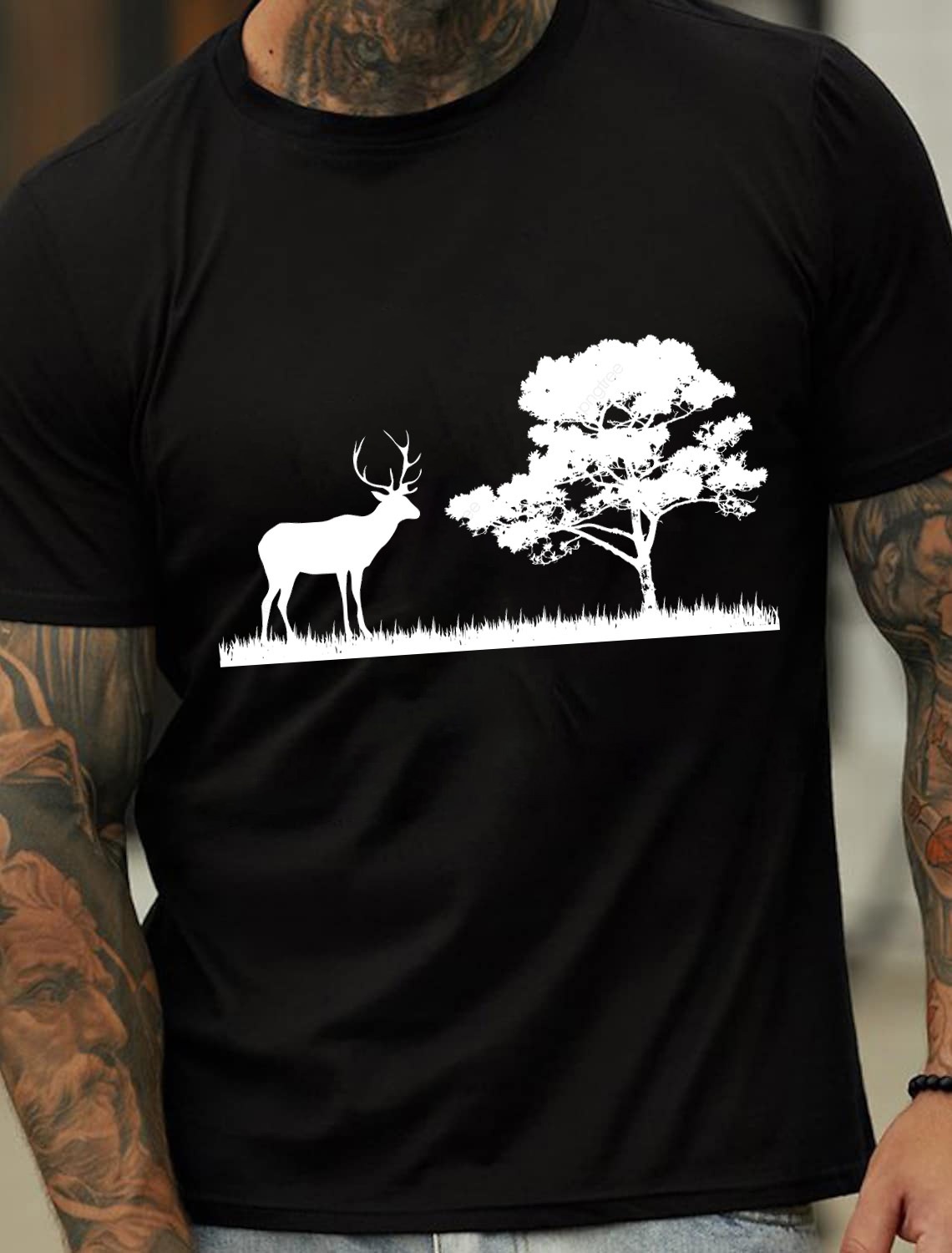European and American Oversized Forest and Deer Print Men's Cotton Summer T-Shirt - TT7190