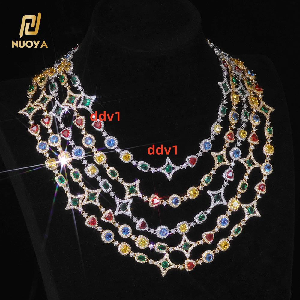 NUOYA Luxury Geometric Link Chain Necklace Colorful moissanite Stones Colored Gemstone Motif Silver Plated Hip Hop Jewelry Designer's style