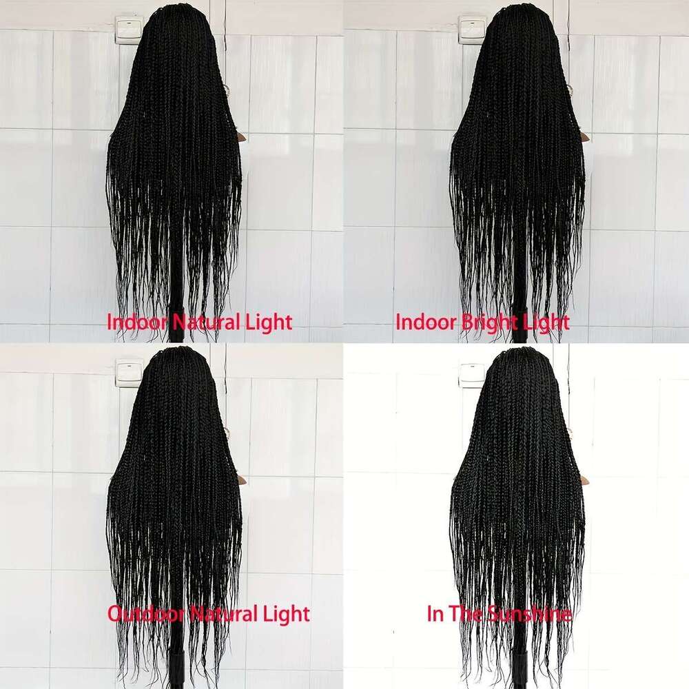 34 Inch Black Synthetic Full Braided - Knotless Box Braids With Double Lace Front, Hair & Cornrows-Like Texture | 100% Density Dreadlock-Style Wig For