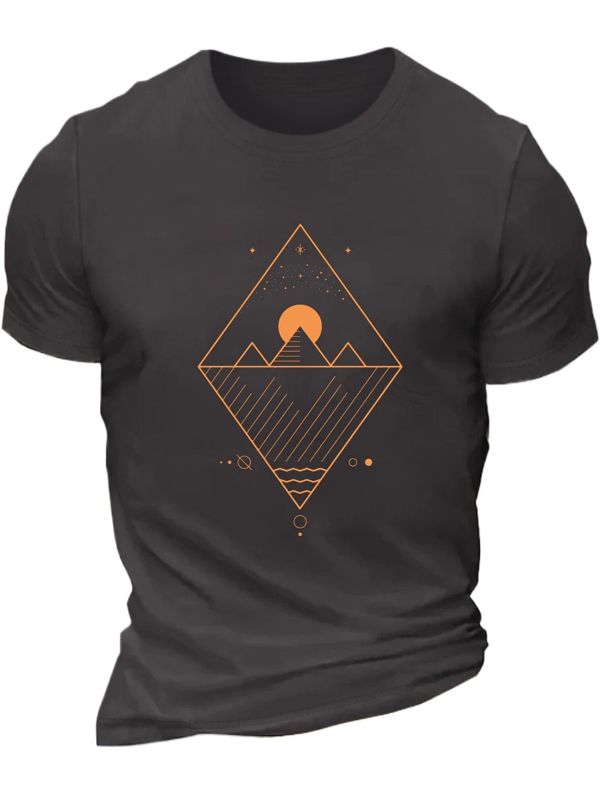 European and American Oversized Men's Mountain and Sun Stripe Pattern Cotton Crew Neck Loose Casual T-Shirt - TT7532