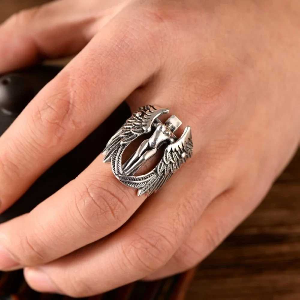 78910111213 Stainless Steel Silver Color Naked Angel Wings Cross Men Ring Punk Finger Jewelry Drop Shipping W251030