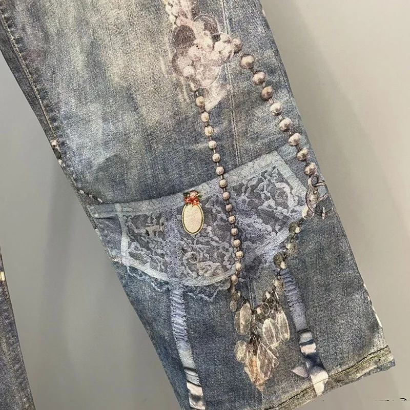 DEAT Fashionable Niche 3D Printed Lace Pearl Chain Denim Pants For Women High Waist Straight Leg Jeans Female Trendy 11A05476 251029