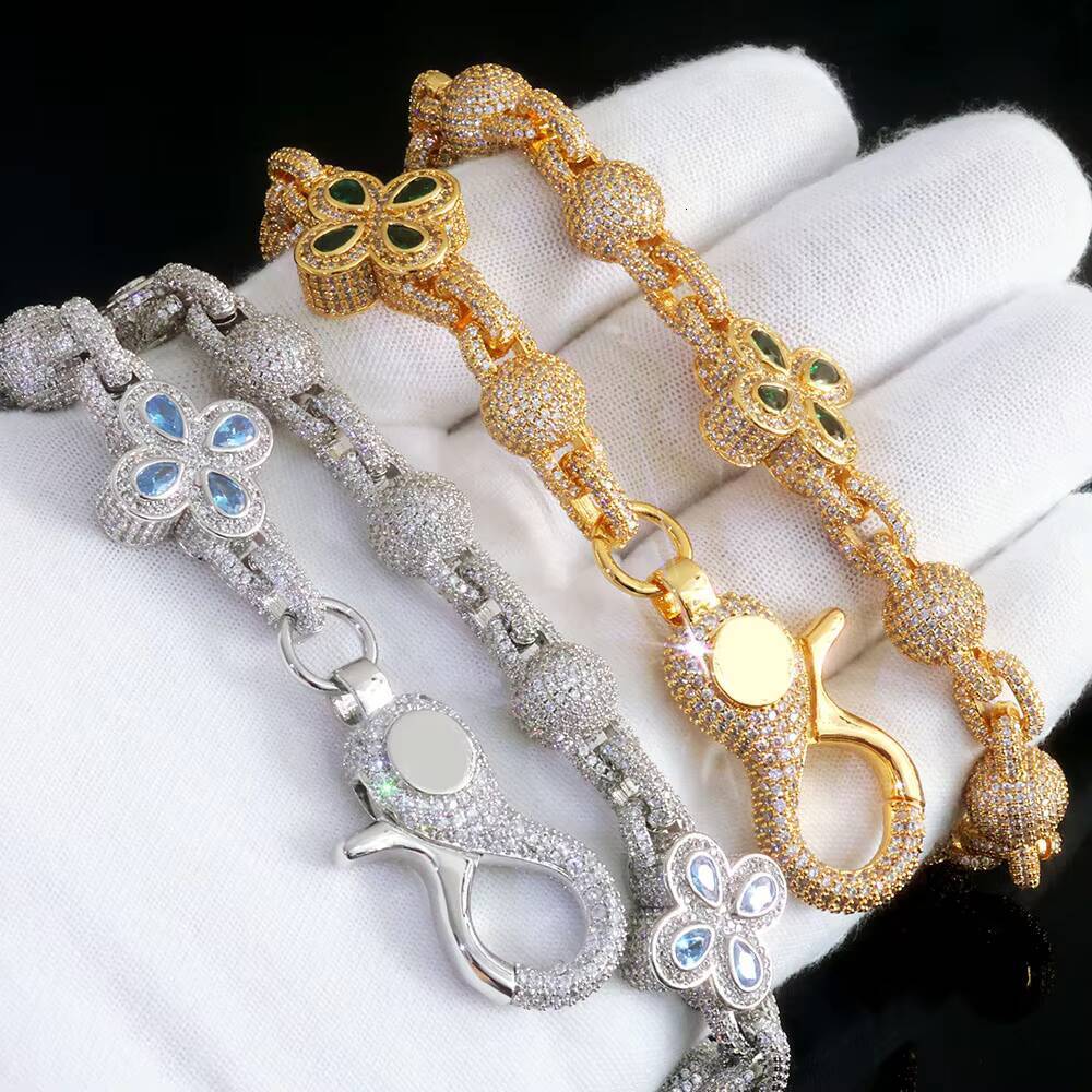 NUOYA Silver Plated Miami Cuban Chain Pants Chain Iced Out Flower Four Leaf Clover Design Diamond Cut moissanite Hip Hop Jewelry Designer's style