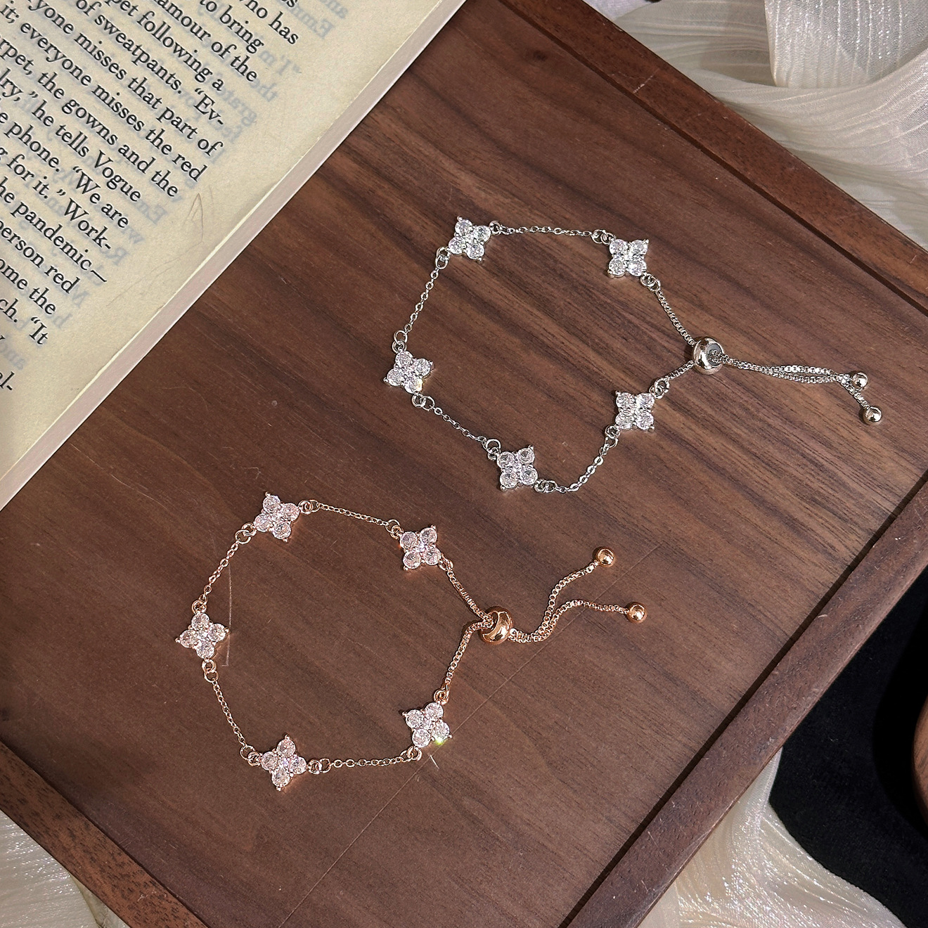 TaiYang New Five Clover Adjustable Slide Bracelet, Luxury Rose Gold Plated Copper Stackable Chain for Women