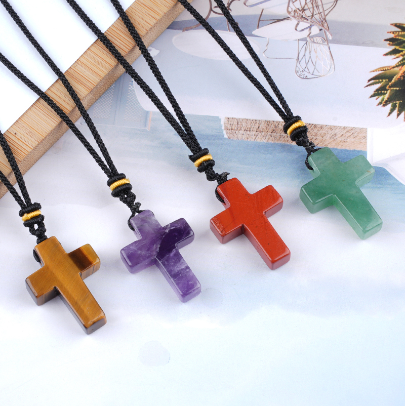 Natural Gemstone Cross Pendant Necklace, 22x30mm Crucifix with Adjustable Black Rope Chain, Religious Gift for Women Men, Unisex Healing Crystal Jewel