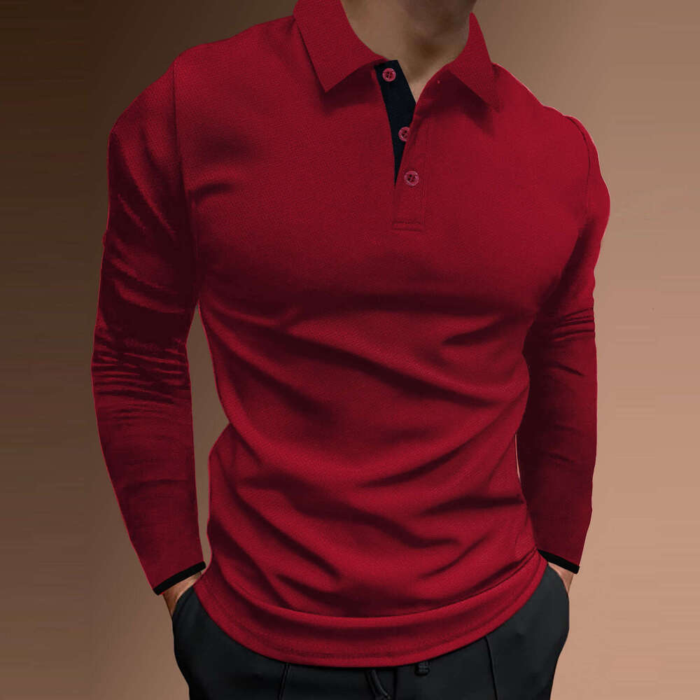 European Size Men's Autumn Sports Fitness Casual Stand Collar Stretch Vertical Stripe Long Sleeve Polo Shirt